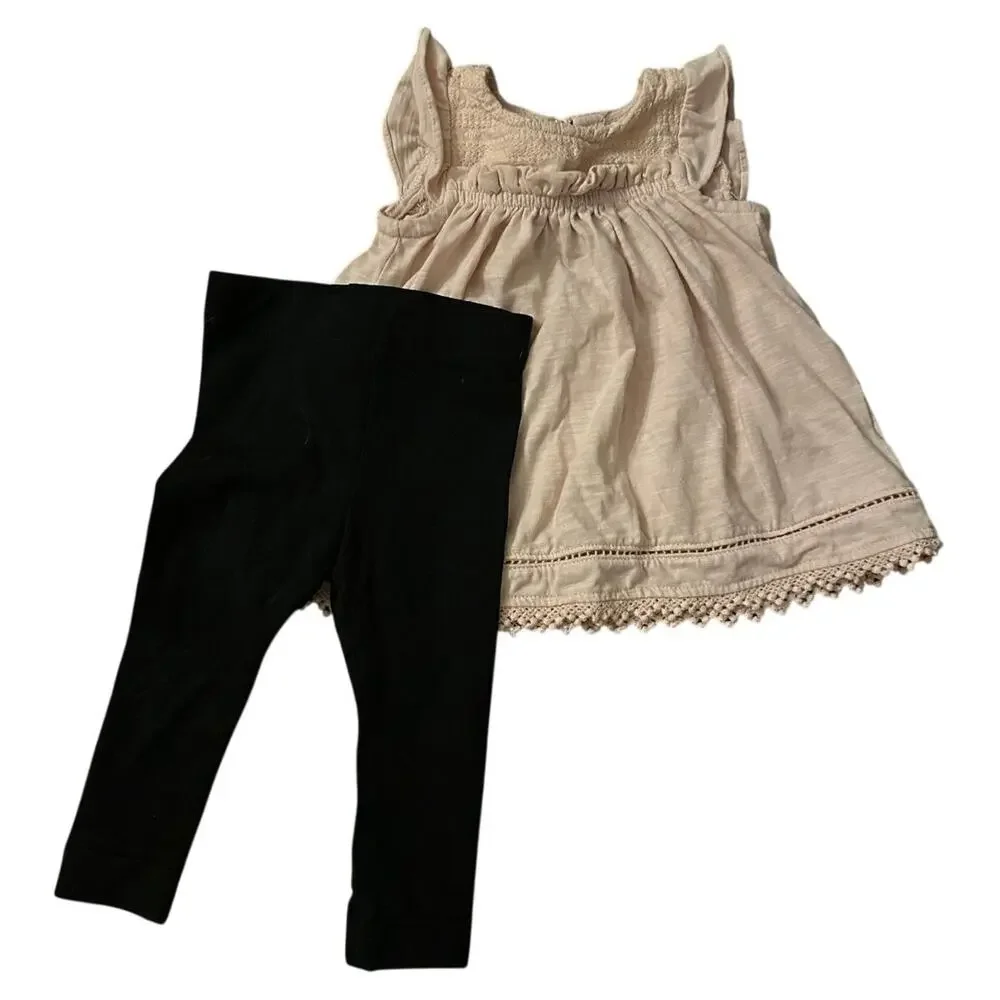 Max Studio Baby Girl Smocked Pink Tunic Top & Black Pants Set 3-6M